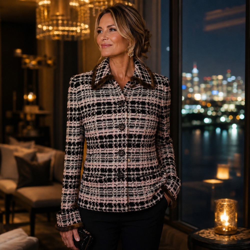 St John Collection Marie Gray Wool Knit Jacket Mink Trim Plaid Pink Women's 8